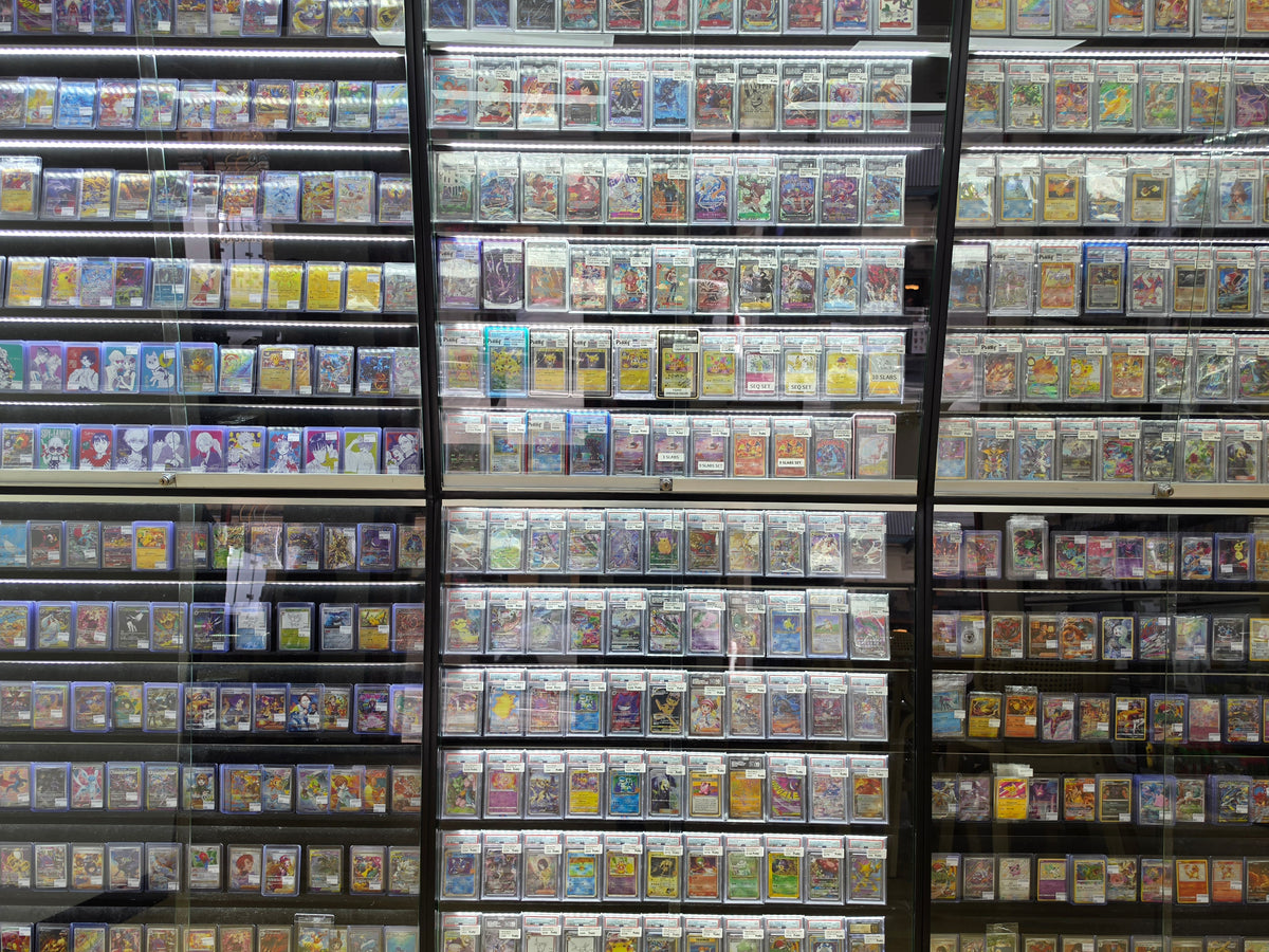 A wall of graded cards in slabs, lit inside the display cabinets